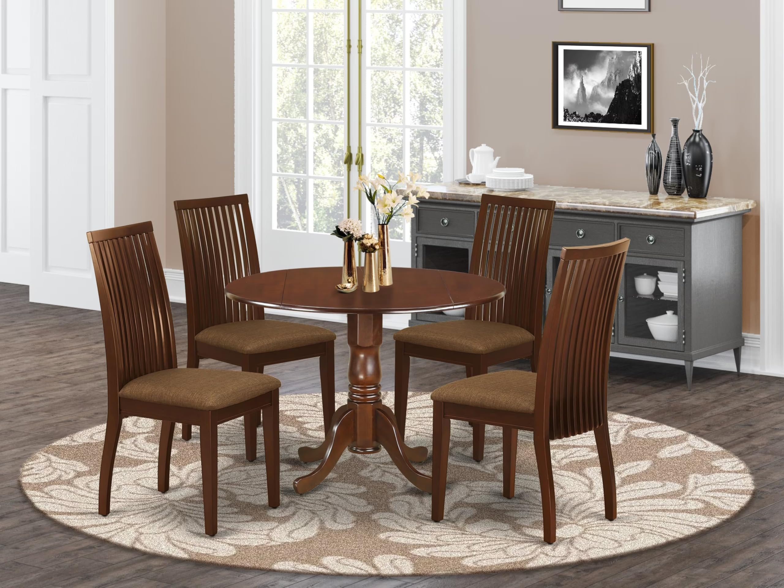 East West Furniture Dlip5-Mah-C 5 Piece Modern Dining Table Set Includes A Round Wooden Table With Dropleaf And 4 Linen Fabric Dining Room Chairs, 42X42 Inch, Mahogany